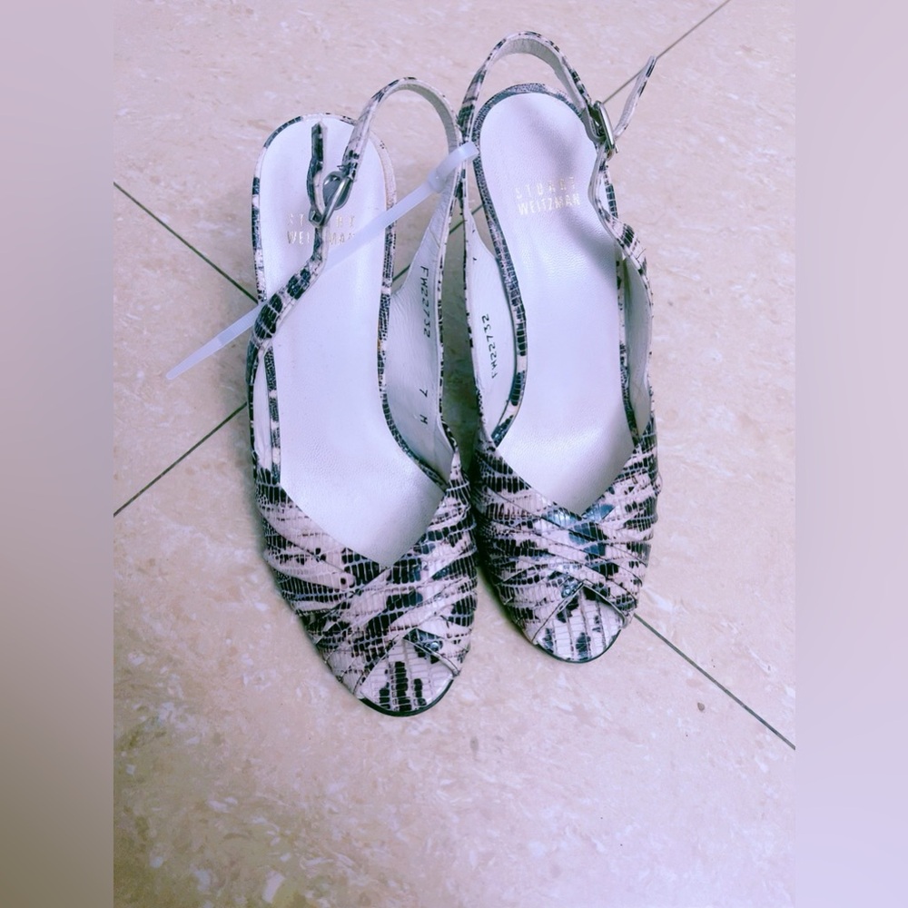 Stuart‎ Weitzman Leather Slingback Peep Toe Heels 7M Snakeskin Pumps Career